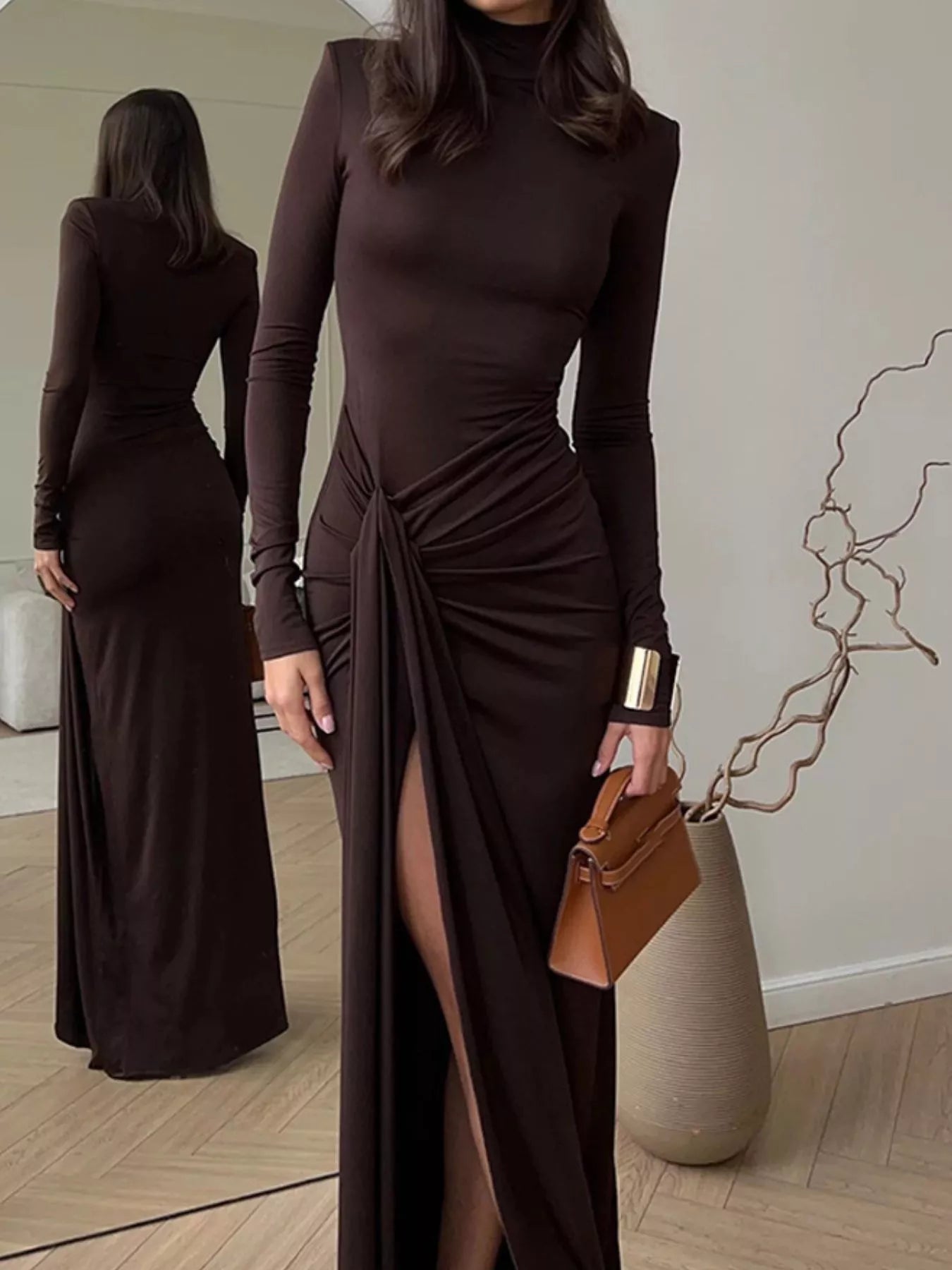 Cutout Round Neck Long Sleeve Slit Maxi Dress
