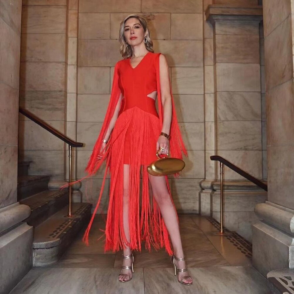 High end women's clothing European and American fashion tassel red dress sexy V-neck side exposed waist sleeveless cocktail dres