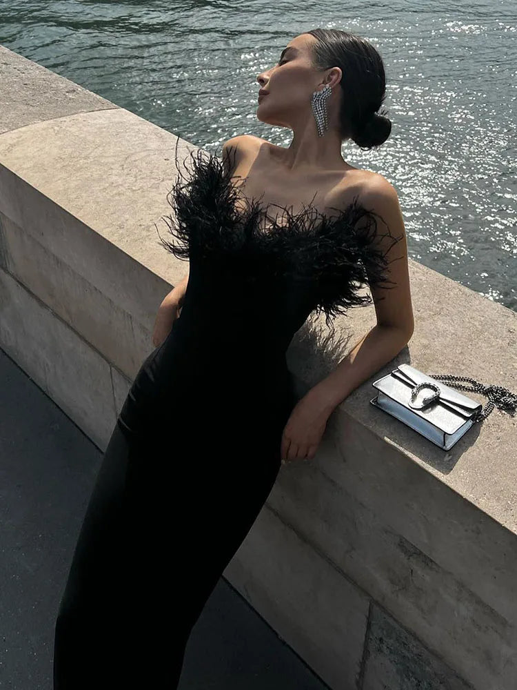 Elegant Sweetheart Neckline Party Dresses Women Strapless Backless Long Dress With Feather Formal Occasion Evening Dress Maxi