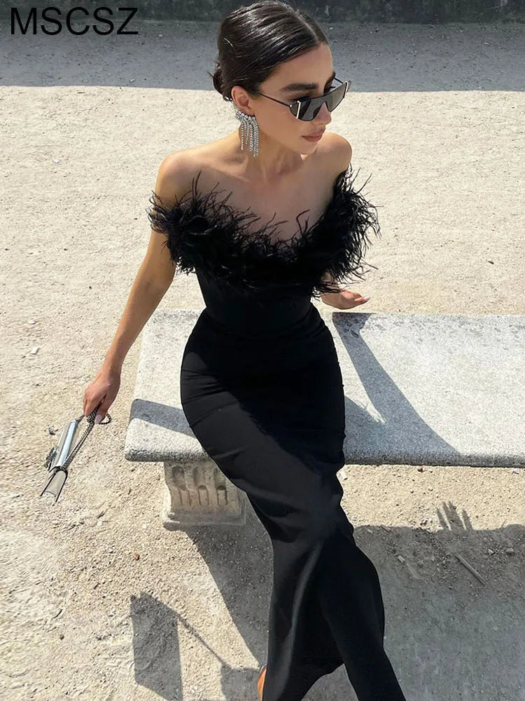 Elegant Sweetheart Neckline Party Dresses Women Strapless Backless Long Dress With Feather Formal Occasion Evening Dress Maxi