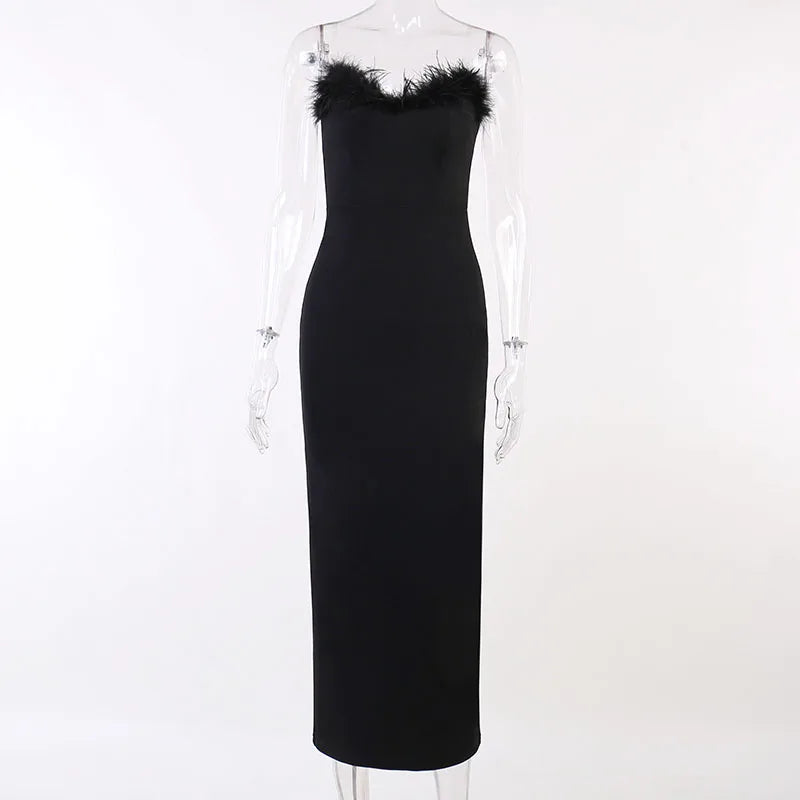 Elegant Sweetheart Neckline Party Dresses Women Strapless Backless Long Dress With Feather Formal Occasion Evening Dress Maxi