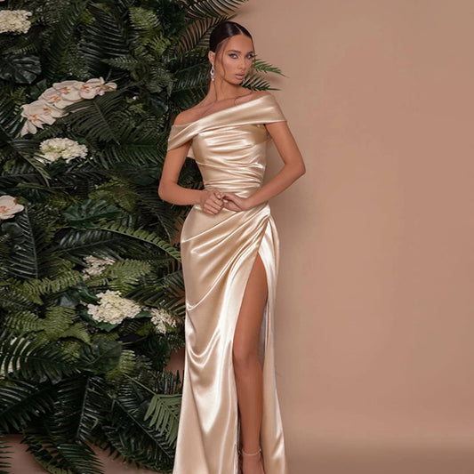 Mercerized Off The Shoulder Gown Split Dress Women Socialite Women Clothing Sexy Split Maxi Dress